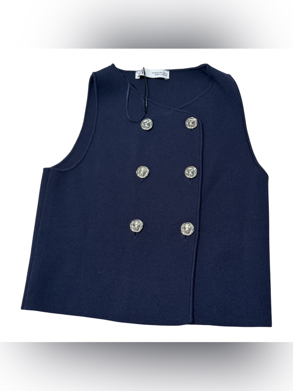 NWOT ZARA Navy Blue Knit Double Breasted Vest with Silver Buttons - Size XS - Picture 3 of 8